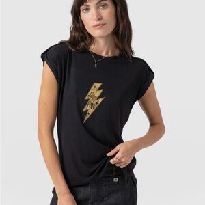 Saint + Sofia Women's Turn Up Tee Black with Gold Lightning Bolt